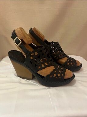 Lobo Solo Leather Cutout Wedge Sandals Black Slingback Women’s US 9 Boho